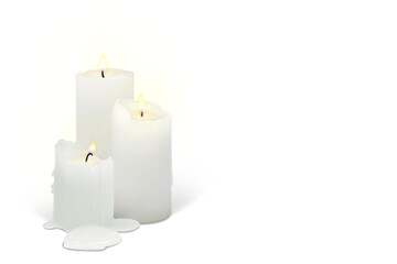 Set of realistic burning candles on a white background. 3d candles with melting wax, flame and halo of light. Vector illustration with mesh gradients. EPS10.