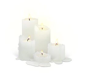 Fototapeta na wymiar Set of realistic burning candles on a white background. 3d candles with melting wax, flame and halo of light. Vector illustration with mesh gradients. EPS10.