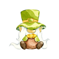 St Patrick's day leprechaun. Watercolor gnome with pot of gold. Hand drawn illustration of leprechaun isolated on white.