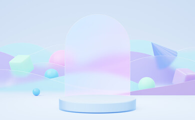 Empty white glass cylinder podium on arch translucent glass, blue wave background. Abstract pastel minimal studio 3d geometric shape. Mockup space for display of product. Paper cut style. 3d render.