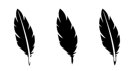Feather. Plume set. Black flat icons isolated on white background. Vector clipart.