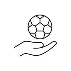 Obraz premium Soccer ball on hand icon line style isolated on white background. Vector illustration