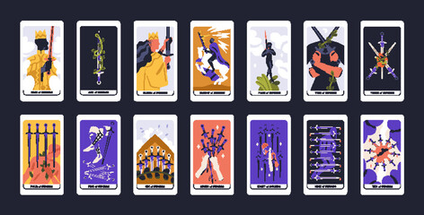 Suit of Swords in tarot cards deck. Modern esoteric minor arcanas designs pack with Nobles. Occult Taro Ace, King, Knight, Queen, Two through Ten symbols. Isolated colored flat vector illustrations