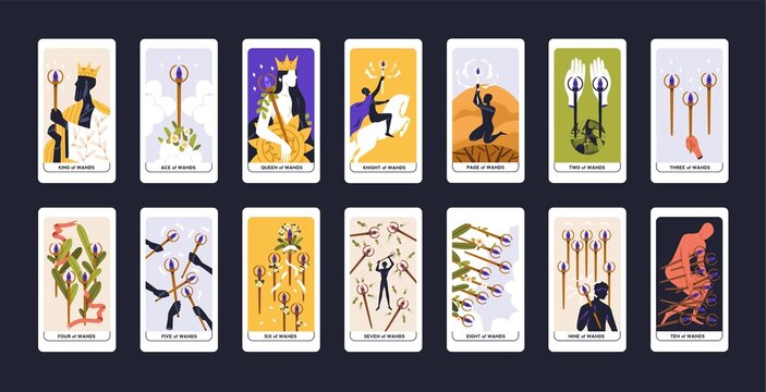 Tarot cards deck set. Minor Arcanas, suit of wands pack. Occult esoteric magic Batons designs with Taro Ace, King, Queen, Page symbols for fortune telling. Isolated colored flat vector illustrations