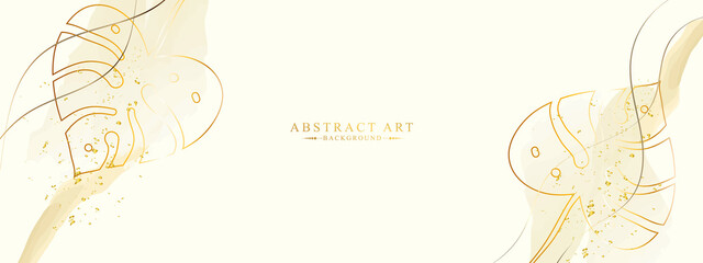 Luxury gold tropical leaves background vector. Vector horizontal banner with gold tropical leaves. 
