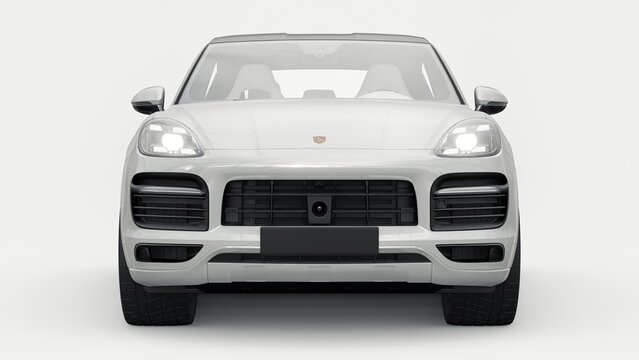 Berlin. Germany. June 12, 2022. White Porsche Cayenne GTS Coupe 2020 on a white background. 3d model of a sports SUV in a coupe body. 3d rendering.