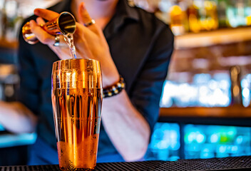 man hand bartender making cocktail with shaker on the bar counter