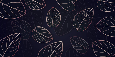Black and gold tropical leaves on dark botanical luxury background
