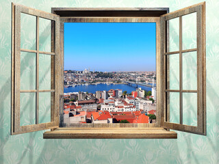 View of Istanbul, Suleymaniye Mosque and Bosphorus through window. City view room