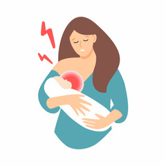 A sad, sick woman with mastopathy is breastfeeding a baby. Breastfeeding.