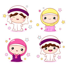 Collection of cute little girls and boys in traditional arab clothes. Kawaii user portrait set. Baby set of cute cartoon characters. Childish islamic saudi arabic avatars. Vector Illustration EPS8