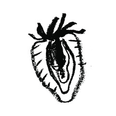 Vector Strawberry drawing isolated. Black hand drawn strawberries sketch. Stencil style sign of red berry illustration for baby food logo, juice label design, strawberry icon, berries packaging.