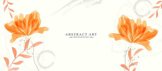 Abstract art background with red flowers. Luxury dark blue tropical leaves background with golden line. Elegant nature leaf pattern design. Hand drawn leaf elements. Suit for wallpaper, print, cover, 