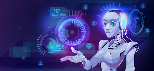 Obraz na płótnie Canvas Artificial intelligence futuristic robot and virtual HUD hi-tech control panel. Sci-Fi virtual reality technology view display, supercomputer robotic machine and infographic elements