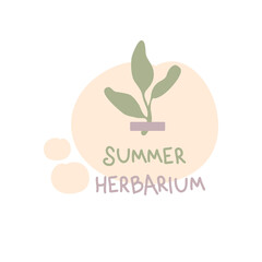Doodle print with small plant and text SUMMER HERBARIUM. Simple design for tee, fabric, stationery. Hand drawn isolated vector illustration for decor and design.