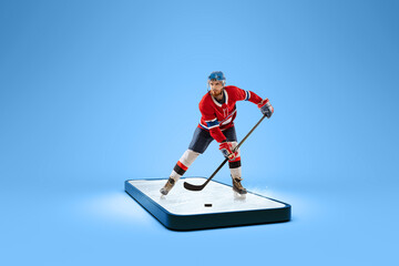Professional hockey player with hockey stick getting ready to bullet standing on ice on 3d phone screen over blue background. Online watching sports events. Collage