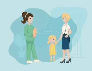 Simple illustration, nurse, child, doctor's appointment at the hospital