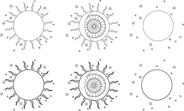 Sun, full moon and stars. Esoteric image for magical and astrological charts. Vector linear illustration isolated on white background