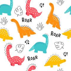 Hand drawn vector pattern with dino. Seamless pattern with dinosaurs, roar lettering, tropical leaves and bushes in doodle style. Children's wallpaper, print on clothes.