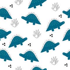Vector hand drawn dinosaurs, bushes and dots in doodle style. Seamless dino pattern. Children's wallpaper.