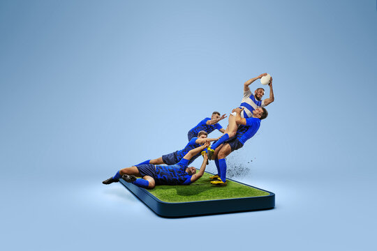 Collage with rugby players team in action on 3d gadget screen over blue background. Sport, challenges, social media, online sports games