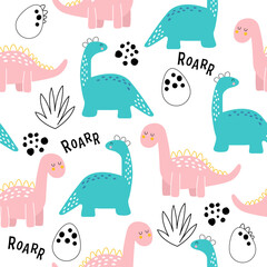 Hand drawn vector pattern with dino. Seamless pattern with dinosaurs, roar lettering, eggs and tropical bushes in doodle style. Children's wallpaper, print on clothes.