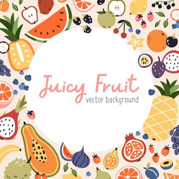 Tropical fruits and berries frame. Square card background design with mix of fresh summer food, pineapple, orange. Exotic fruity circle border with backdrop for text. Colored flat vector illustration