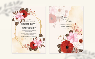 Set of Rustic Watercolor Flower With Abstract Stain Wedding Invitation