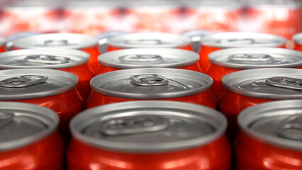 Close-up of many beautiful red cans of beer or soda