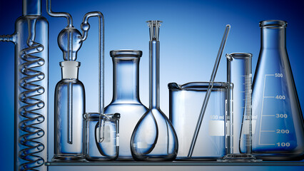 Glass chemistry lab equipment on blue background. Chemistry Lab concept. 3d  - obrazy, fototapety, plakaty