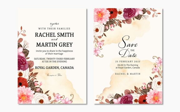 Set of Red And White floral wedding invitation With Abstract Stain