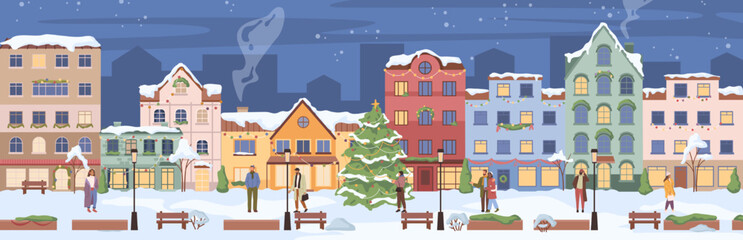 Residential houses with Christmas decoration at night. People outdoors, cartoon winter landscape street with snow on roofs and garlands. Decorated New Year tree, bench and chimney pipe