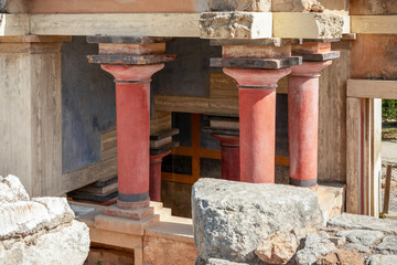 Knossos palace in Heraklion, Crete island, Greece. Detail of ancient ruins of Minoan civilization. Travel vacation concept.