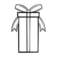 Monochrome picture, high gift box with festive ribbon and bow , vector monochrome illustration