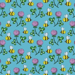 Bright print for children, a little bee collects honey and pink clover flowers, seamless square pattern in cartoon style