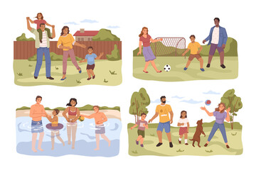 Happy family mother, father and children spend time together on summer holidays. Vector flat cartoon parents and kids play football, swim in river, walk with dog