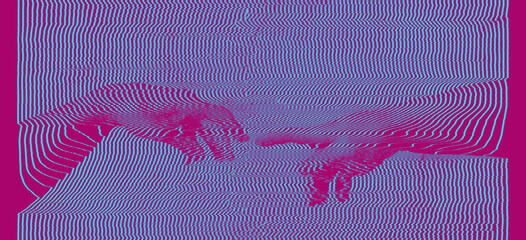 Pink and blue oscilloscope illustration of hands reaching for a touch in continuous white line pattern in the style of old CRT TVs on turquoise background  in vaporwave style. - obrazy, fototapety, plakaty