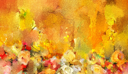 Colorful abstract art on grunge texture canvas for wallpaper or background, Illustration oil - acrylic painting flower and gold, yellow, red, blue color. Paint brush stroke with splash colour design