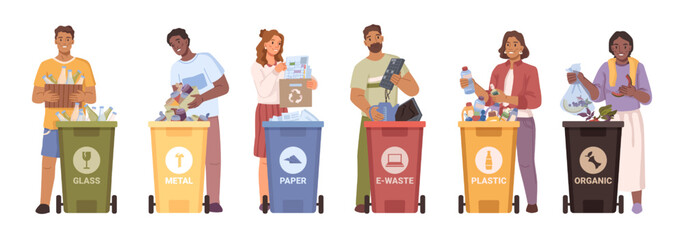 Men and women throw out trash in plastic color dumpsters isolated set of flat cartoon characters. Vector people sorting garbage, eco containers, separate waste for taking care of environment - obrazy, fototapety, plakaty