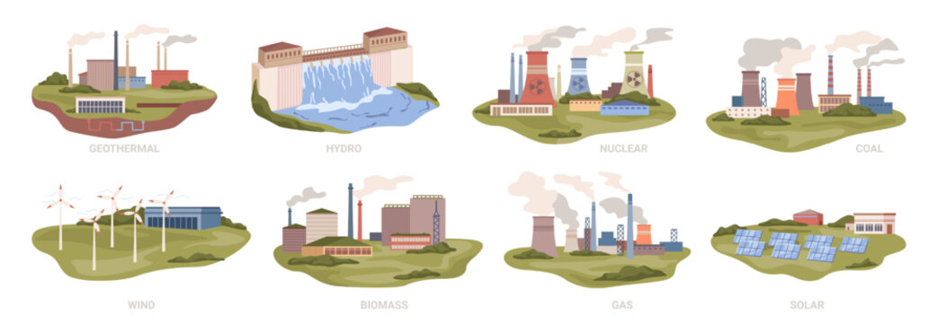 Sustainable and renewable sources of energy, isolated power plants. Solar and nuclear station, wind and water. Ecologically friendly alternatives. Flat cartoon, vector in flat style