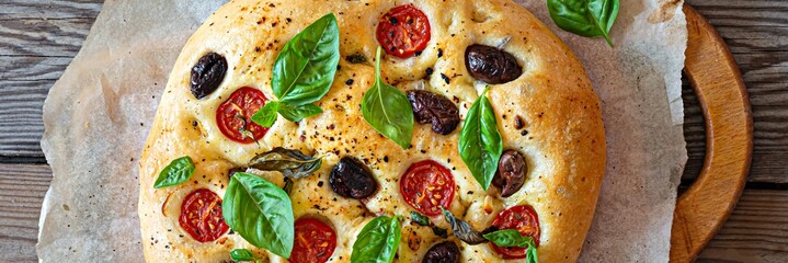 Fresh Italian flat bread Focaccia with tomatoes, olives, garlic and herbs on a wooden background,...