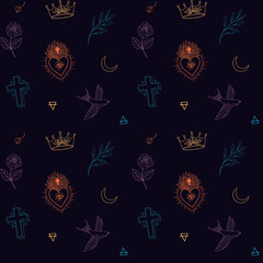 Linear alchemy seamless pattern. Vintage hearts, cross, rose, space and botanical elements. Magic and occult illustrations. Old school tattoo style. Perfect for package, fabric, background