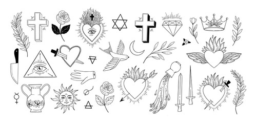 Linear alchemy design elements. Vintage hearts, all seeing eye, cross, rose, space and botanical elements. Magic and occult illustrations. Old school tattoo. Perfect for logo, cards, prints, packaging