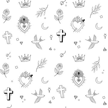 Linear alchemy seamless pattern. Vintage hearts, cross, rose, space and botanical elements. Magic and occult illustrations. Old school tattoo style. Perfect for package, fabric, background