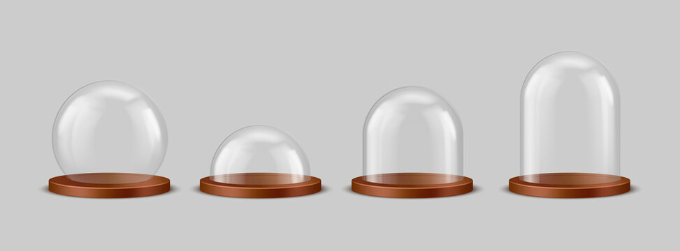 Transparent glass domes and wooden tray set in 3D realistic design. Vector illustration of exhibition display spherical cases souvenirs, domes of different shape with light wood plate
