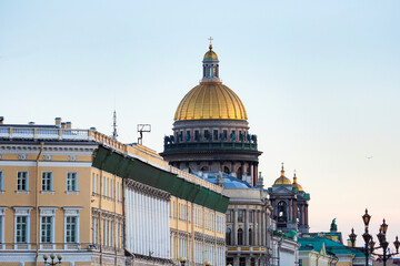 St. Isaac's Cathedral in St. Petersburg, view from Palace Square at sunset