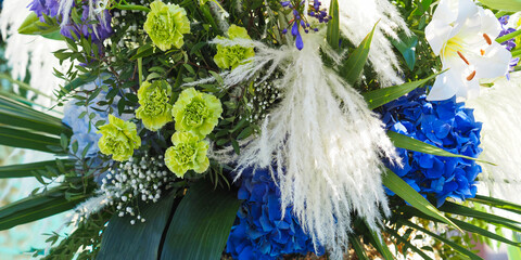 White flowers of fluffy pampas grass, blue hortenzia Nikko Blue, Сarnations Goblin Green,  white...