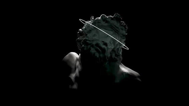 Bust of a Laocoon with a neon hologram on his eyes. Neon flashes and antique sculpture, modern art. Looped video, 3d rendering