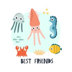 Best friends. Cartoon crab, squid, jellyfish, seahorse,  fish, hand drawing lettering, decor elements. colorful vector illustration, flat style. design for cards, print, posters, logo, cover