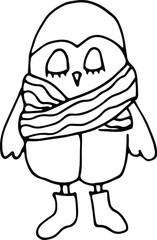 Cute owl, hand-drawn owl. Hand-drawn doodles illustration warm clothes.
Line art cute owl.
